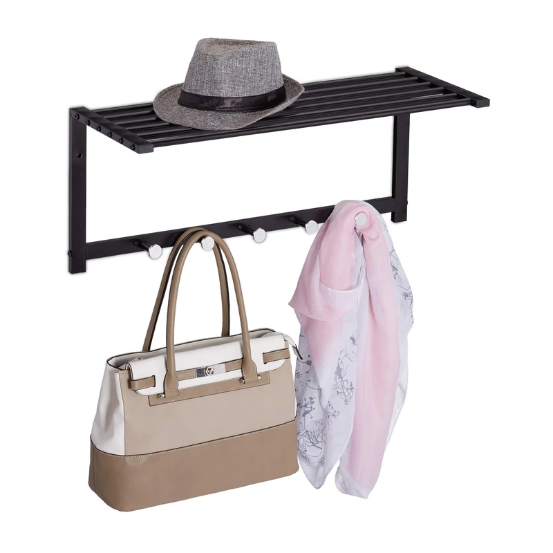Relaxdays Wall Coat Rack with Shelf, Wardrobe Rail 5 Hooks, Hallway & Bathroom, Modern, Metal, 28 x 65 x 25 cm, Black