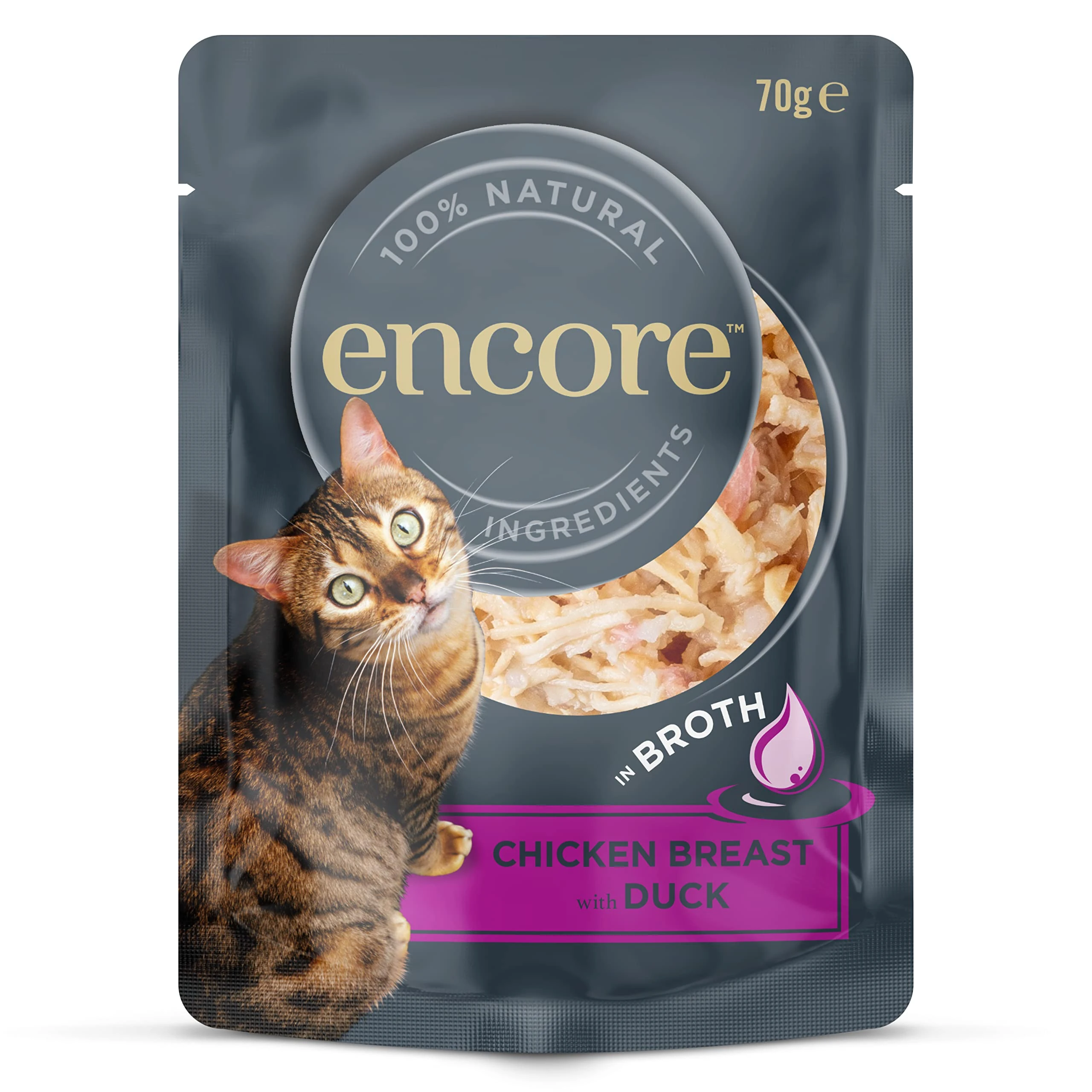 Encore 100% Natural Adult Wet Cat Food, Chicken with Duck in Broth 70g (Pack of 16 x 70g Pouches)