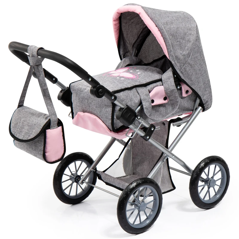 Dolls pram City Star stroller, foldable, adjustable handle, removable carrycot, convertible, Grey Pink Butterfly