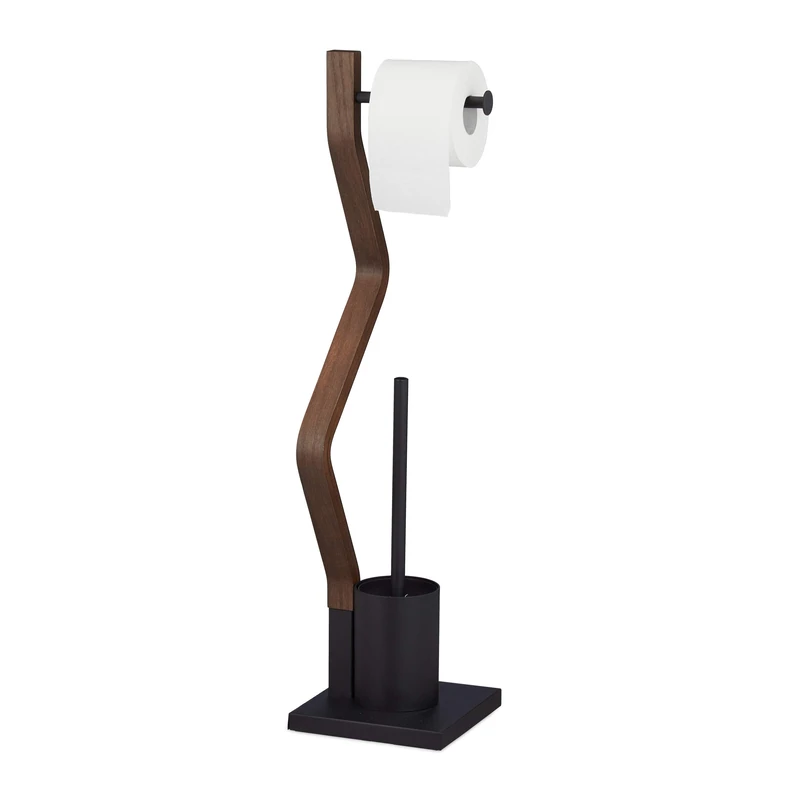 Relaxdays WC Set, Toilet Paper Holder, Upright Stand, Bathroom Brush and Holder, HWD: 75 x 18.5 x 18.5 cm, Black/Brown