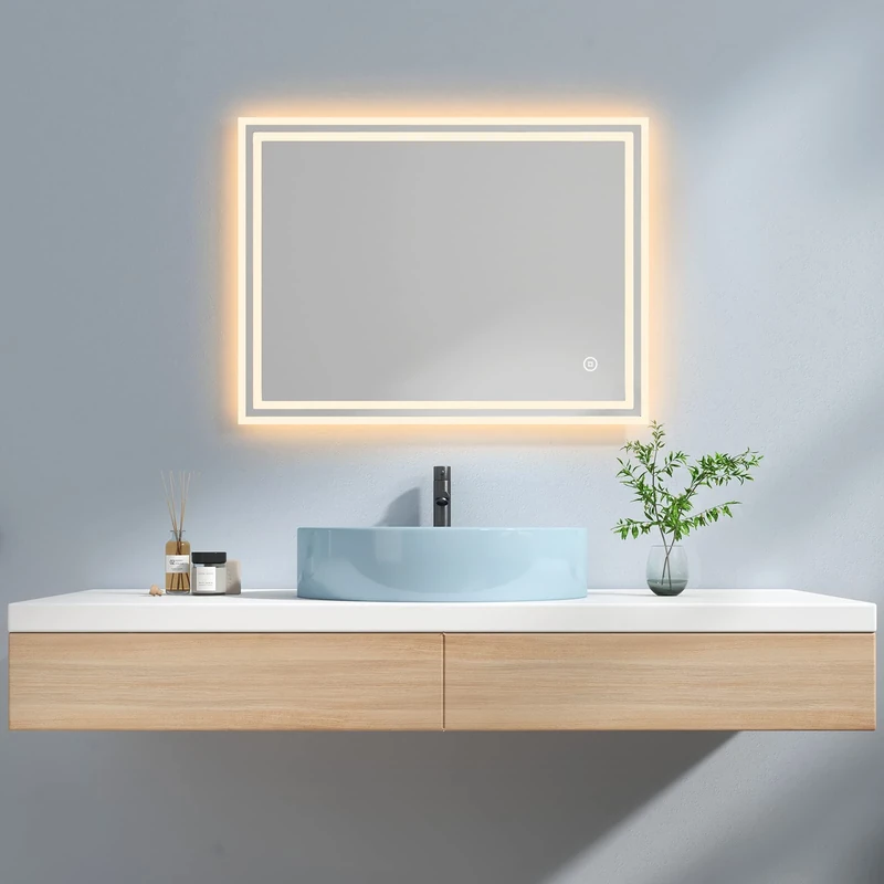 EMKE Led Bathroom Vanity Mirror - Thin Bathroom Wall Mounted Makeup Mirror with LED Lights, Touch Switch, Demister Pad Waterproof IP44 80x60cm(800 x 600 x 35 mm)