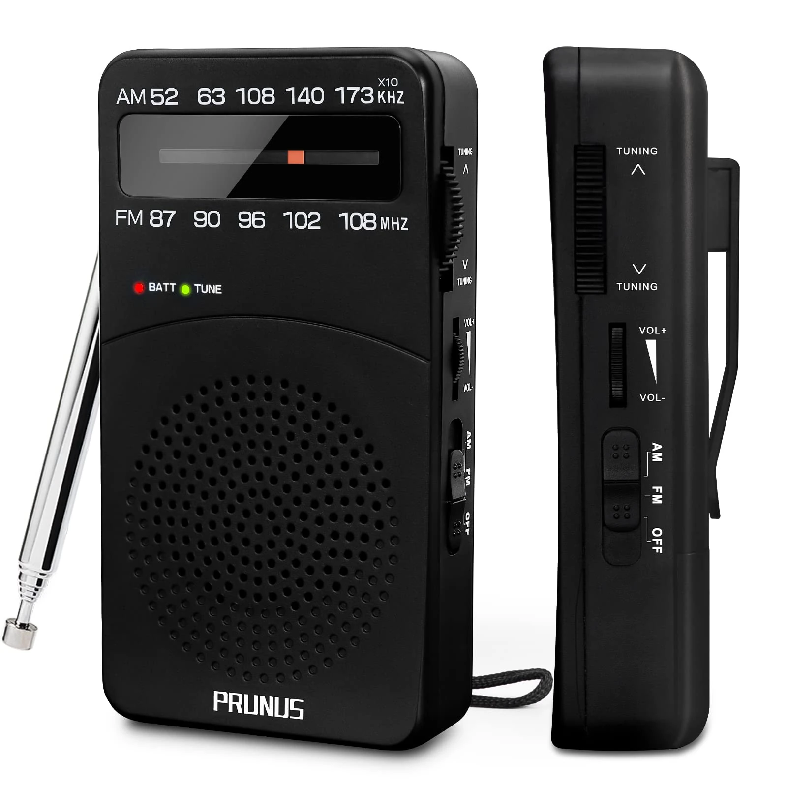PRUNUS J-166 Portable Radio Battery Operated, AM FM Radios Pocket, Small Radio Transistor with Tuning Light, Back Clip, Excellent Reception for Outdoor & Indoor & Emergencies