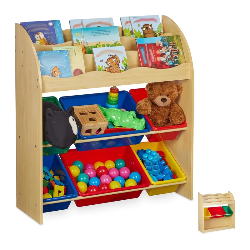 Relaxdays 1 x Kids Storage Boxes Low Shelf Toy Shelf MDF Plastic 89 x 82.5 x 32 cm Wood Effect