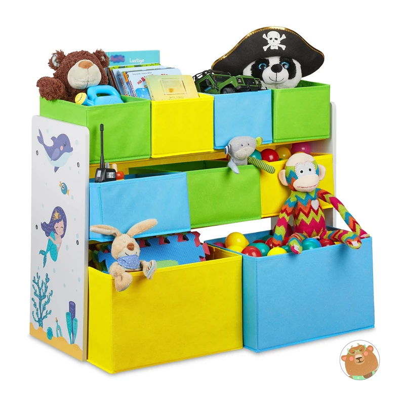 Relaxdays Toy Storage Unit, Children's Shelf with 9 Fabric Boxes, Mermaid Motif, HxWxD 66 x 82.5 x 29.5 cm, Colourful