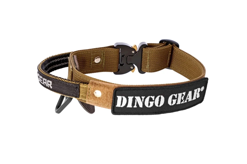 DINGO GEAR Cobra Dog Collar with Professional Safety Buckle, Strong Handle and Label Attached with Velcro-like Fastener, for Defence Training, Special Tasks, Neck Girth 49-59 cm, Coyote Brown (S03131)