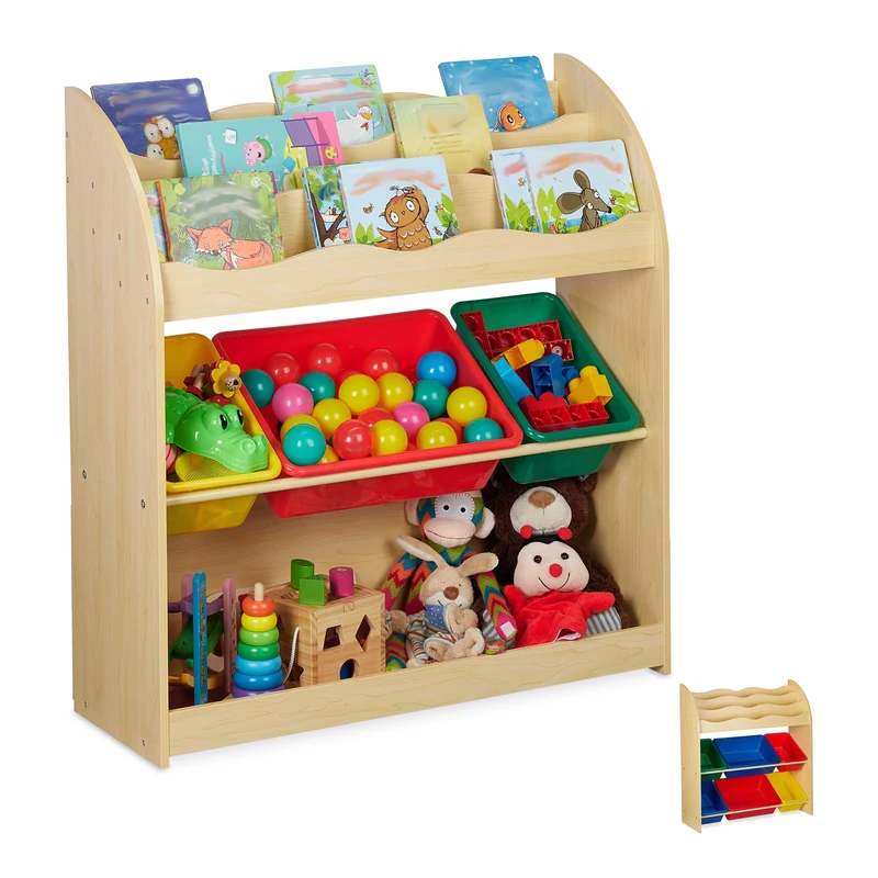 Relaxdays 1 x Children's Storage Unit with 3 Storage Boxes, Low Rack, Toy Shelf, MDF, Plastic, 89 x 82.5 x 32 cm, Wood Effect