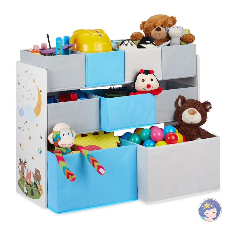 Relaxdays Toy Storage Unit, Children's Shelf with 9 Fabric Boxes, Campfire Motif, HxWxD 66 x 82.5 x 29.5 cm, Colourful