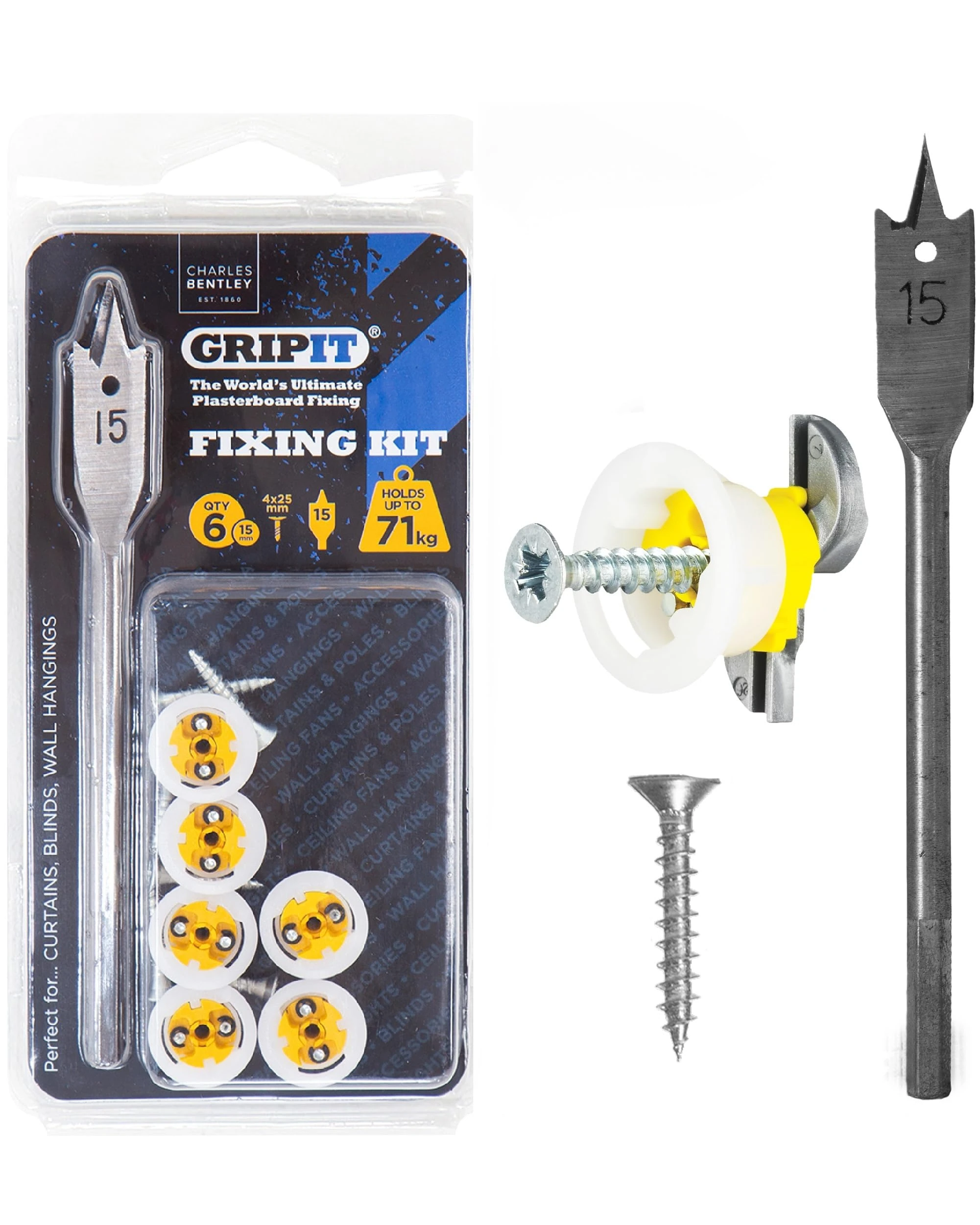 Gripit Yellow Heavy-Duty Plasterboard Fixings – Curtain & Blind Hanging Kit – Pack of 6 – Holds Up to 71kg - Ideal for Drywall, Stud Walls, Mirrors, Frames – Reusable & Easy to Install – UK Design