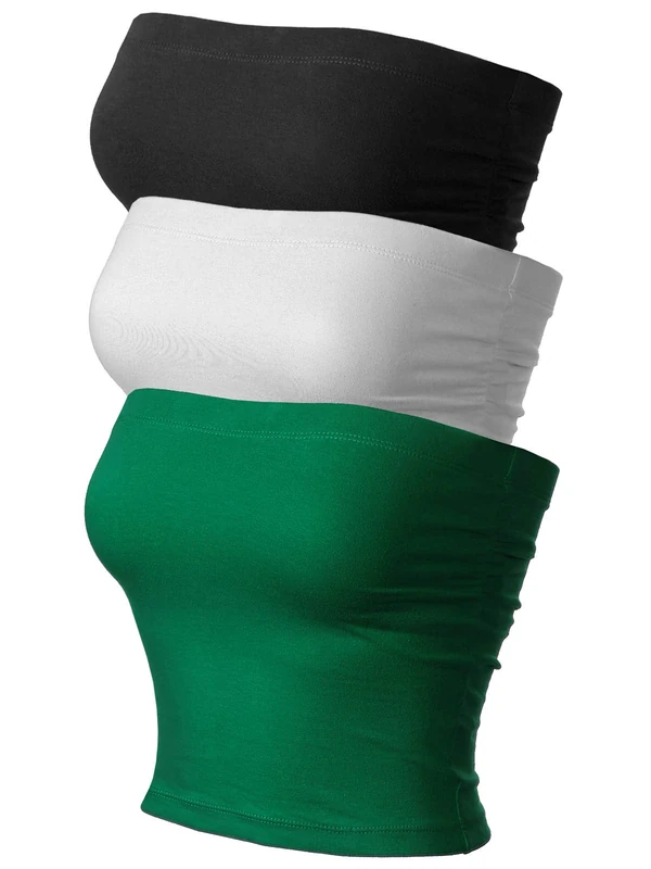 MixMatchy Women's Causal Strapless Double Layered Basic Sexy Tube Top - Pack, 3pack - Black/White/Kelly Green (Shirring), L - Image 1