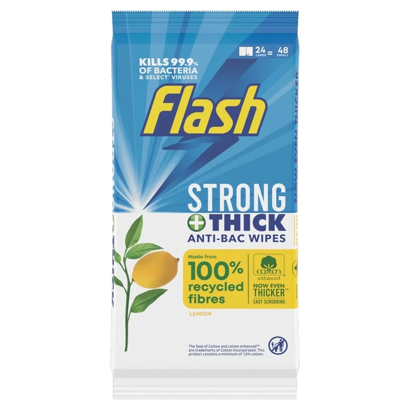 Flash Antibacterial Strong & Thick Cleaning Wipes, Crisp Lemons, 192 Extra Large Wipes (24 x 8)