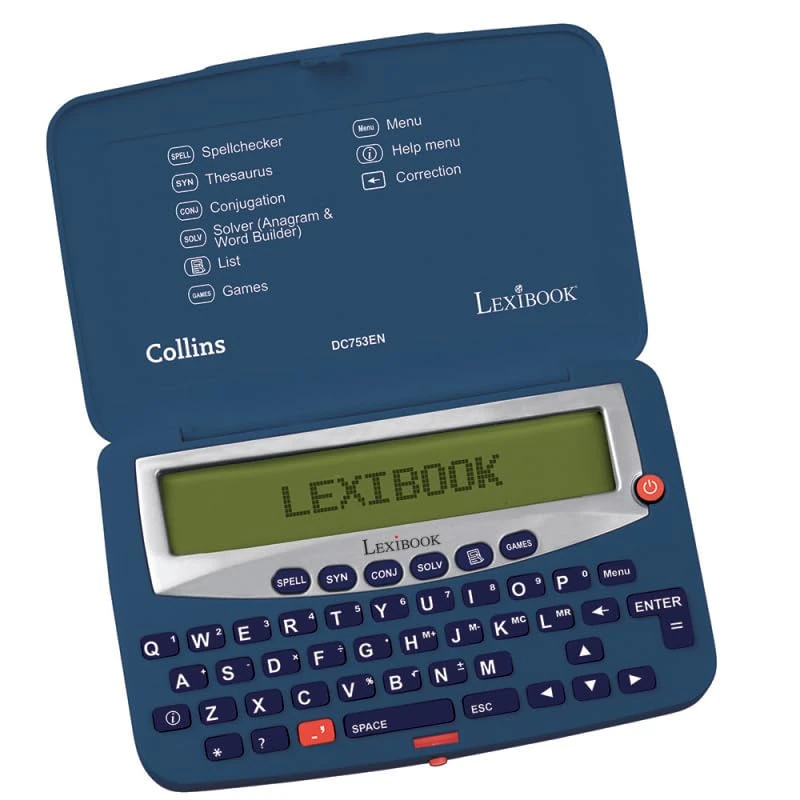 LEXIBOOK, The Collins English Dictionary, 13th Edition-Electronic Pocket Spellchecker, Thesaurus, Crossword, Conjugation, Anagram Solver, Words Games, with Battery, Blue/White, DC753EN