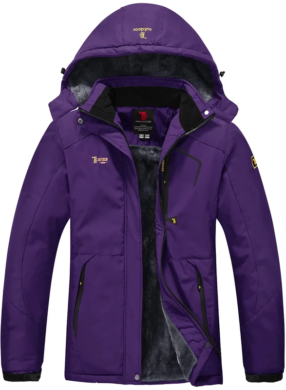 donhobo Womens Waterproof Jacket Winter Warm Fleece with Hood Windproof Camping Hiking Coat(Purple,L)