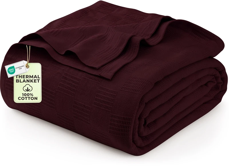 Utopia Bedding Burgundy 100% Cotton Blanket [Queen Size - 90x90 Inch] 350GSM Lightweight, Soft and Breathable Thermal Blanket for All Seasons