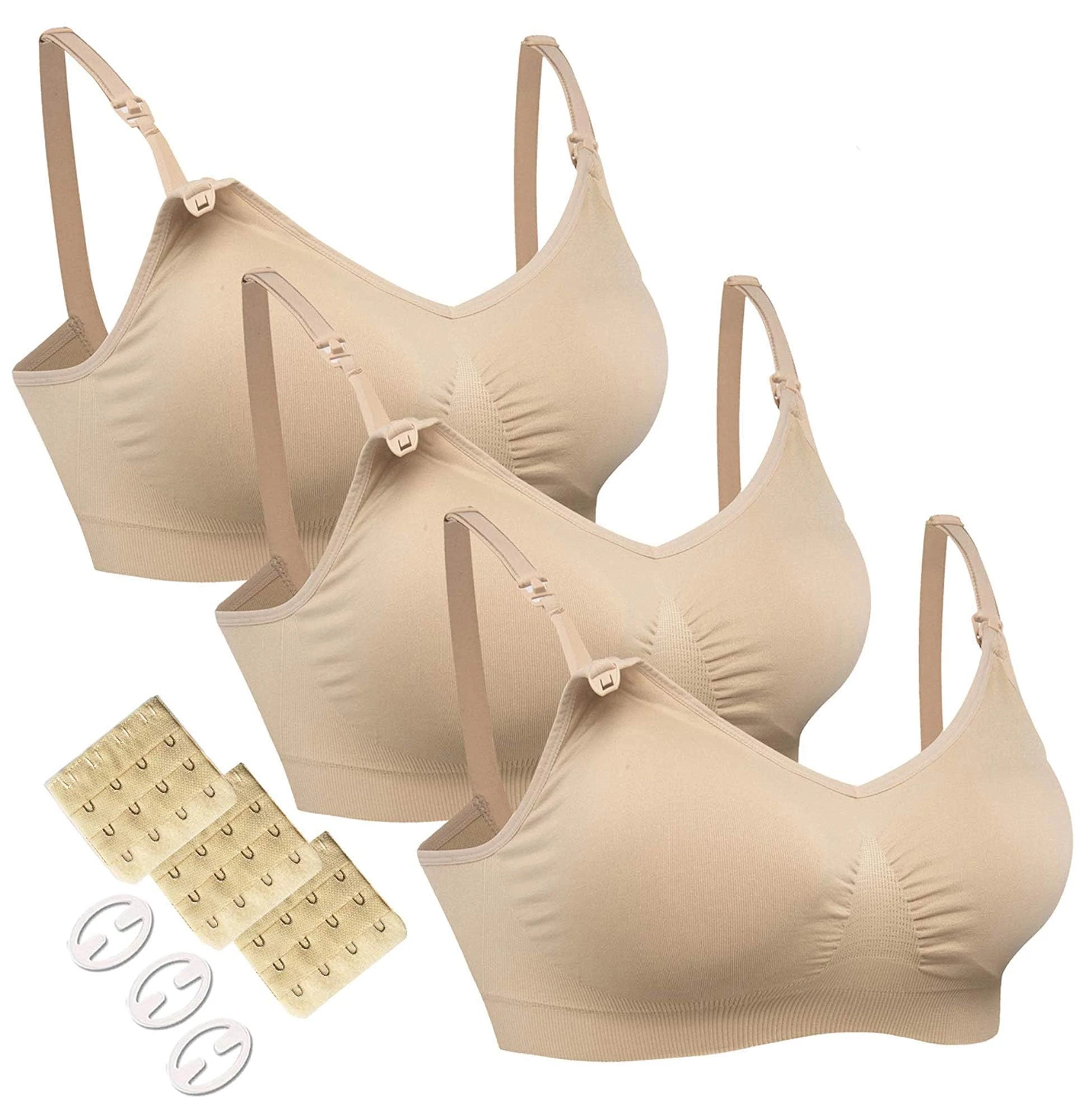 HOFISH Maternity Nursing Bras Seamless 3 Pack Sleep Bralette for Breastfeeding with Free Bra Extenders & Clips(Beige,XXL)