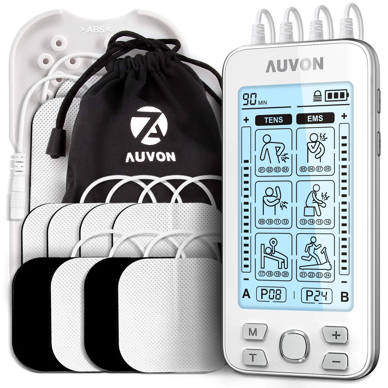 AUVON 4 Outputs TENS Machine for Pain Relief, TENS EMS Muscle Stimulator with 24 Modes, 2" and 2"x4" TENS Electrodes Pads