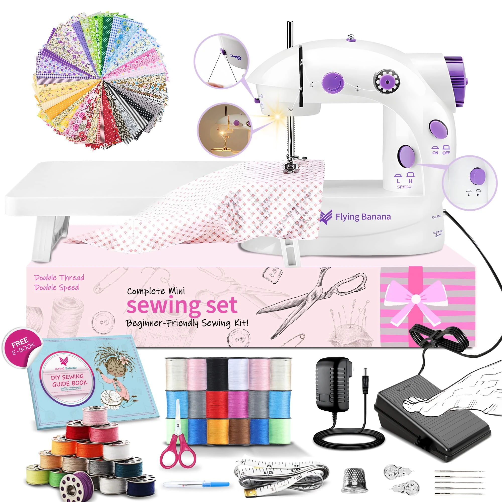 Easy Sewing Machine for Beginner Kid, Electric Portable Sewing Machine Lightweight, Small Household Sewing Handheld Tool with Upgrade with Wewing Kit Extension Table Foot Pedal for Home DIY Project.