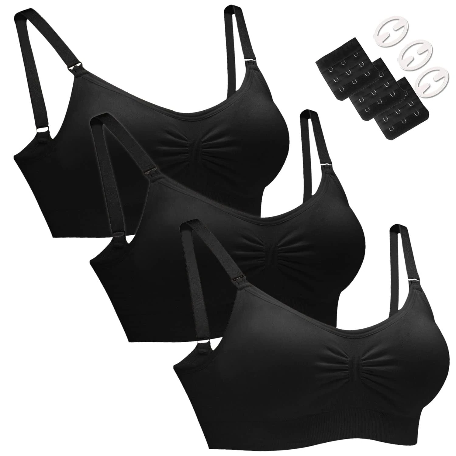 HOFISH Maternity Nursing Bras Seamless 3 Pack Sleep Bralette for Breastfeeding with Free Bra Extenders & Clips(Black,XXL)