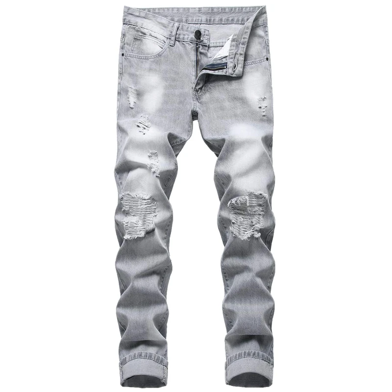 LZLER Mens Ripped Jeans,Distressed Destroyed Slim Fit Straight Leg Denim Pant with Holes - Grey - 34 - Image 1