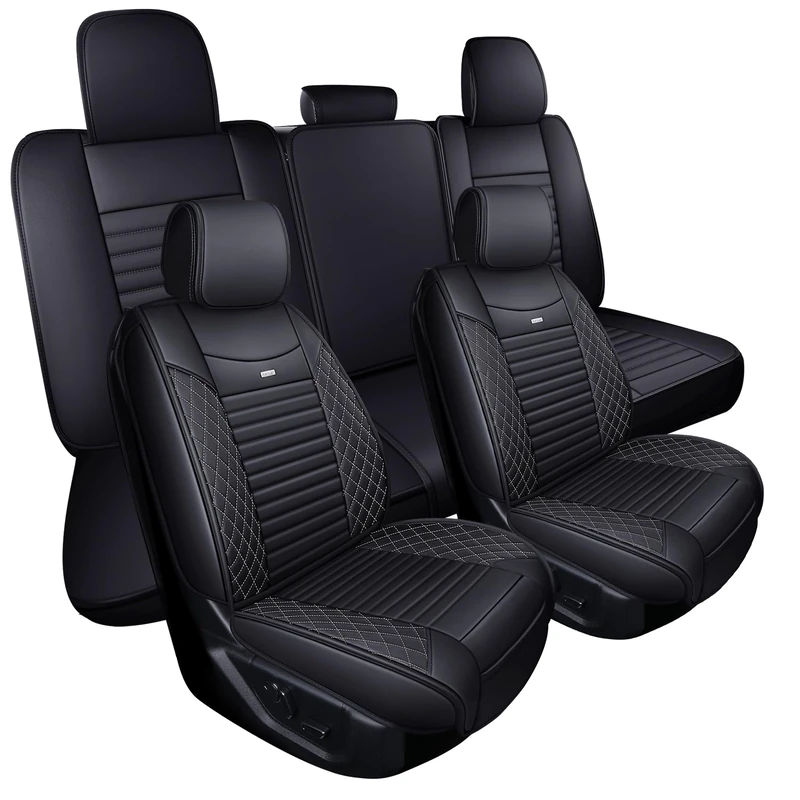 Aierxuan Seat Covers for Cars 2015-2020 Ford F-150 Truck SuperCrew Custom Fit 2017-2020 F250 F350 F450, Leather Waterproof Seat Cushion (Full Set, Black-White)