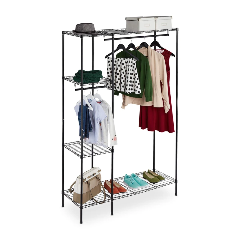 Relaxdays Open Clothes Rack, Free Standing Wardrobe, Metal, Storage, Extra, Shelf, Practical, HxWxD 180x120x45 cm, Black