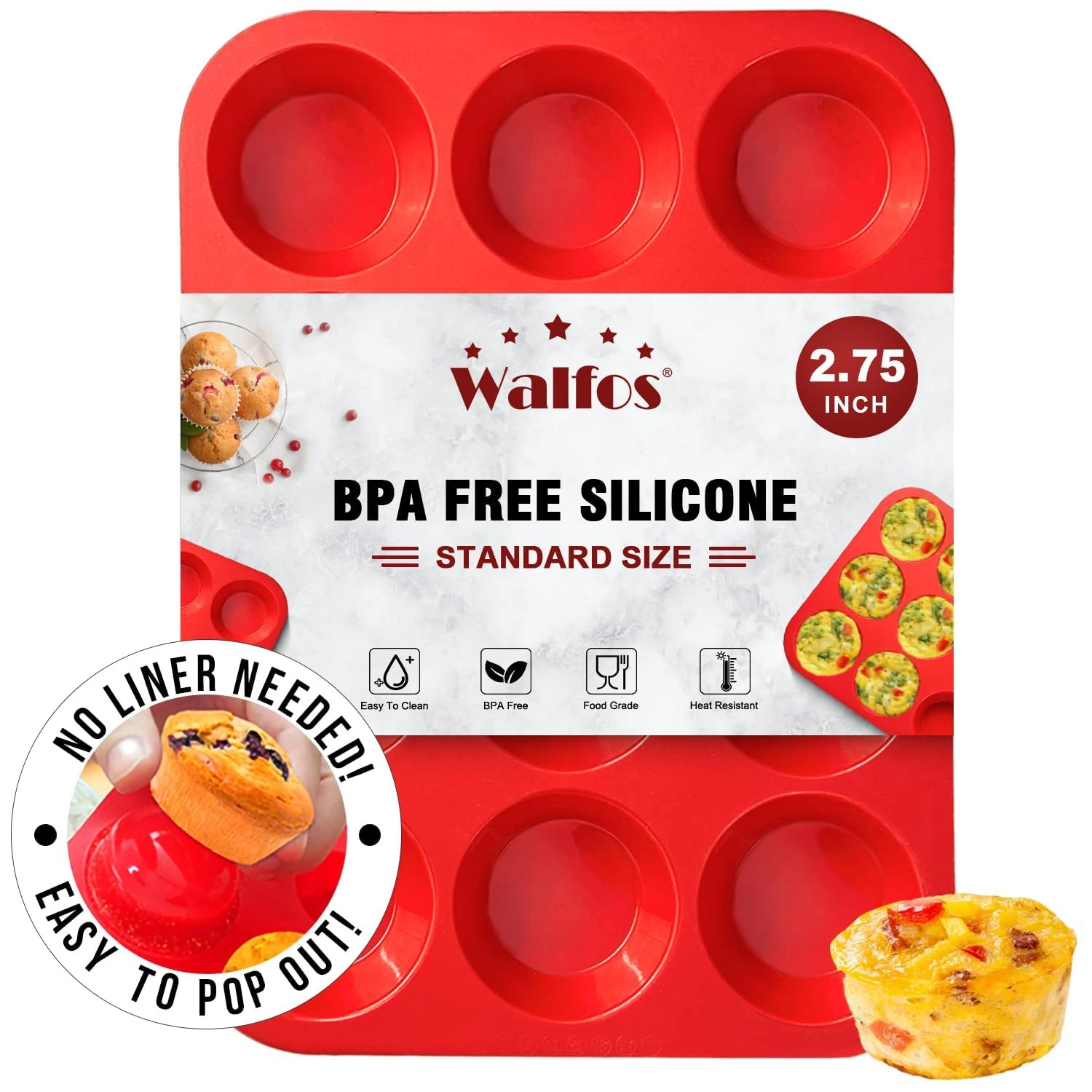 Walfos Silicone Muffin Pan - 12 Cups Regular Silicone Cupcake Pan, Non-Stick Silicone Great for Making Muffin Cakes, Tart, Bread - BPA Free and Dishwasher Safe