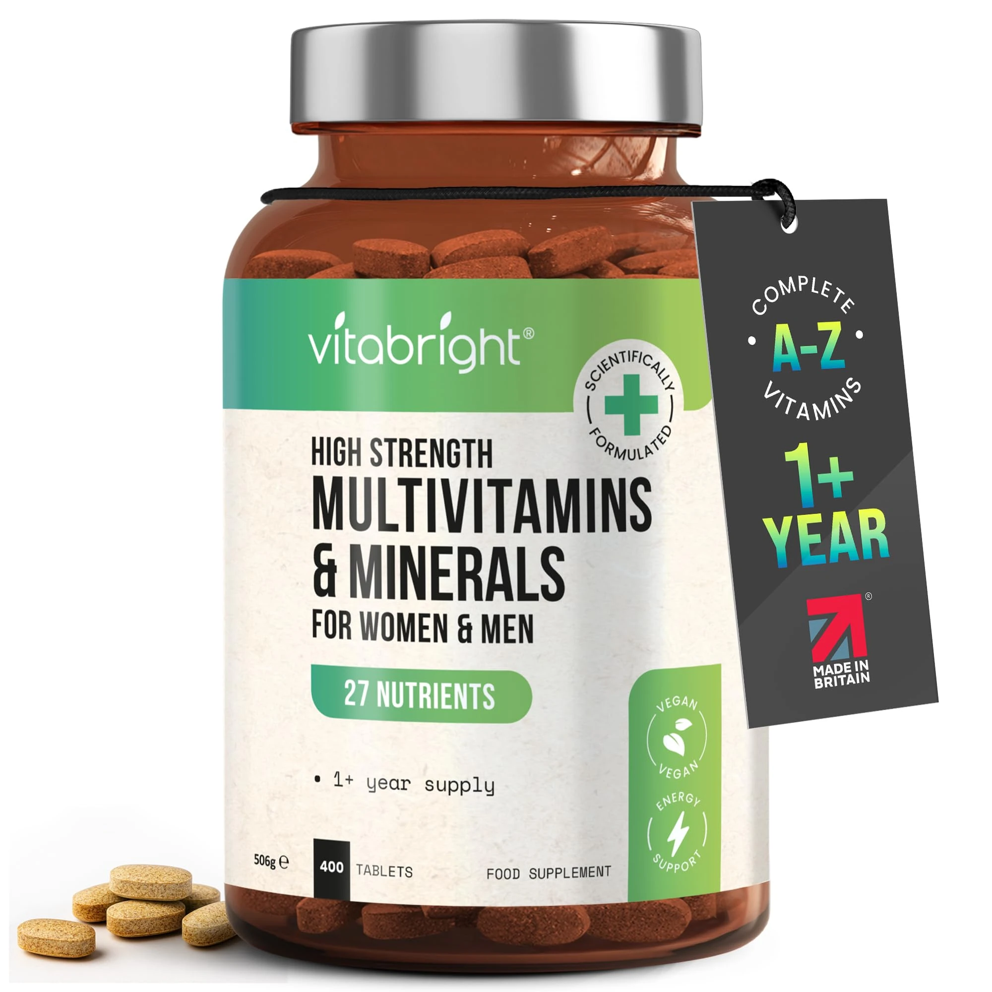 High Strength Multivitamins with Iron & Minerals | 400 Vegan Multivitamin Tablets for Women, Multivitamin Tablets for Men | 100% of All Vitamins | Adult Multi Vitamin | VitaBright Vitamin Supplements