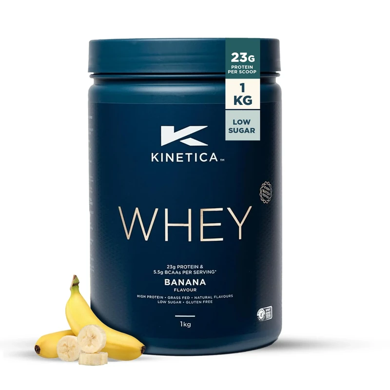 Kinetica Sports Whey Protein Powder - Banana, 1 Kg, 33 Servings | 23g Protein, 5.5g BCAA Amino Acid & 4.32g Glutamine | Recovery Shake for Optimum Nutrition | WADA & Informed Sport Approved
