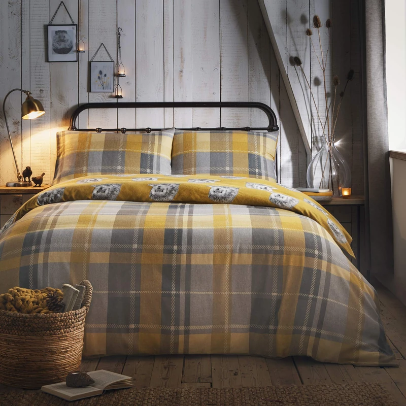Dreams & Drapes - Colville Check - 100 Percent Brushed Cotton Duvet Cover Set - Super-King Bed Size in Ochre - Image 1