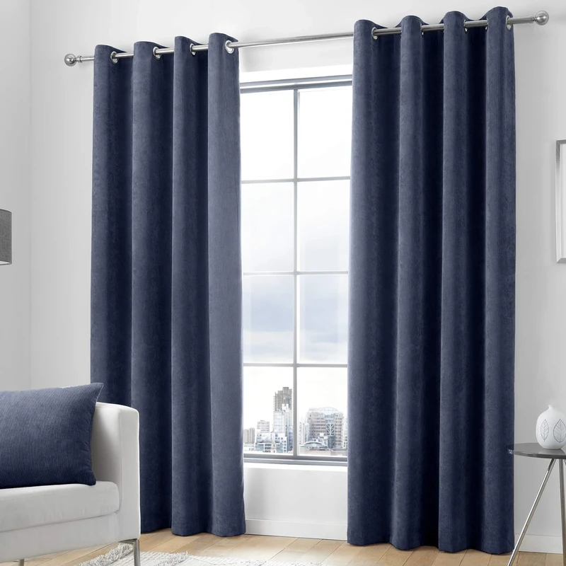 Appletree Signature Kilbride Cord Chenille Textured Eyelet Lined Curtains, Navy, 66 x 90 Inch