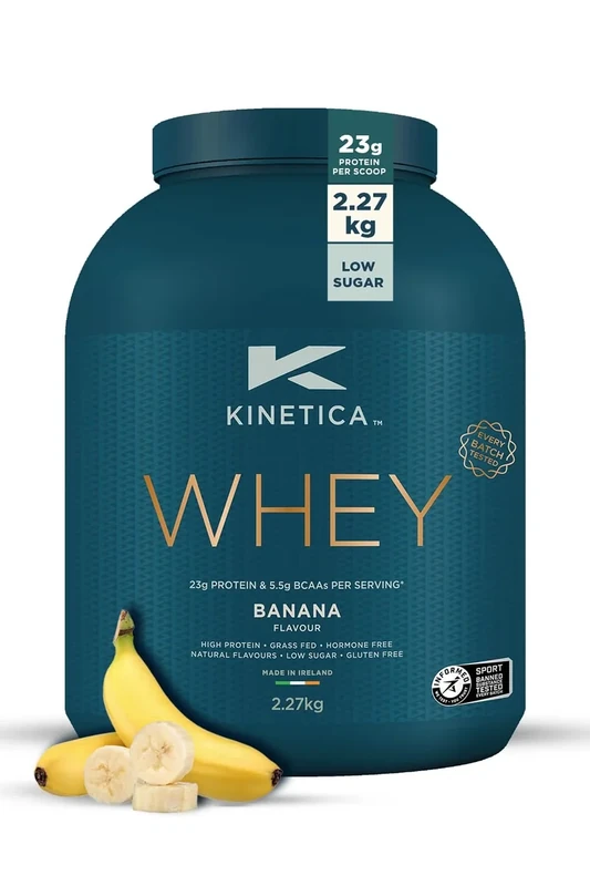 Kinetica Sports Whey Protein Powder - Banana, 2.27Kg, 76 Servings | 23gm Protein, 5.5gm BCAA Amino Acid & 4.32gm Glutamine | Recovery Shake for Optimum Nutrition | WADA & Informed Sport Approved