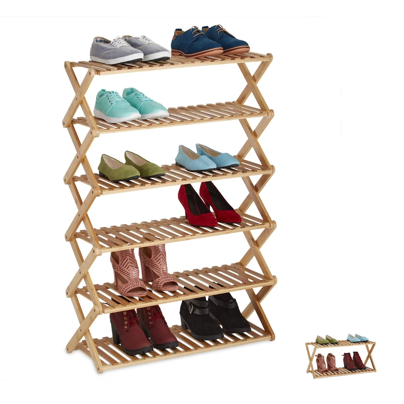 Relaxdays Bamboo Shoe Rack, Foldable, Hallway, 6 Levels, up to 18 Pairs of Shoes, Shoe Rack, HBT 103 x 70 x 27.5 cm, Natural