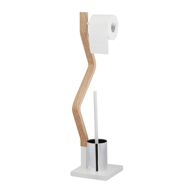 Relaxdays WC Set, Toilet Paper Holder, Upright Stand, Bathroom Brush and Holder, HWD: 75 x 18.5 x 18.5 cm, White/Natural