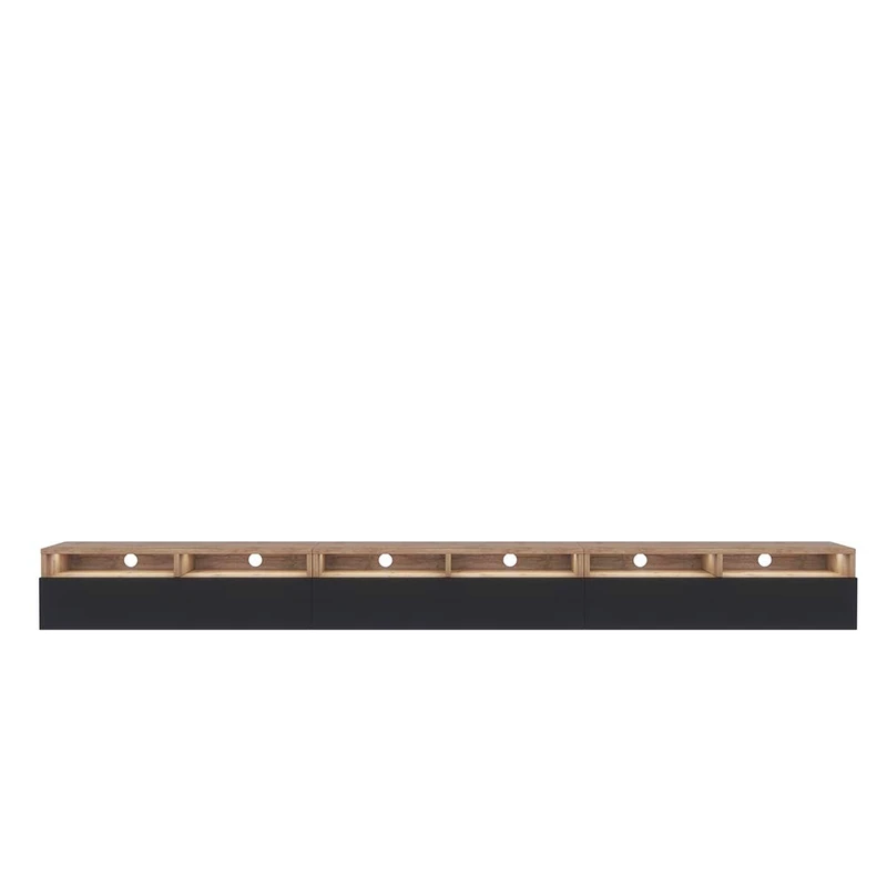 Selsey REDNAW - Modern TV Stand/TV Cabinet with 3 Drawers / 300 cm/Wotan Oak/Black Gloss/LED lighting