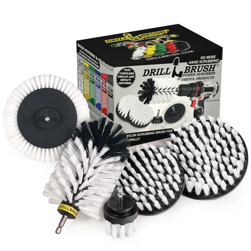 Useful Products Drill Power Scrubber - Automotive Edge Brush Kit with Extended Long Attachment - White Carpet Cleaner Set
