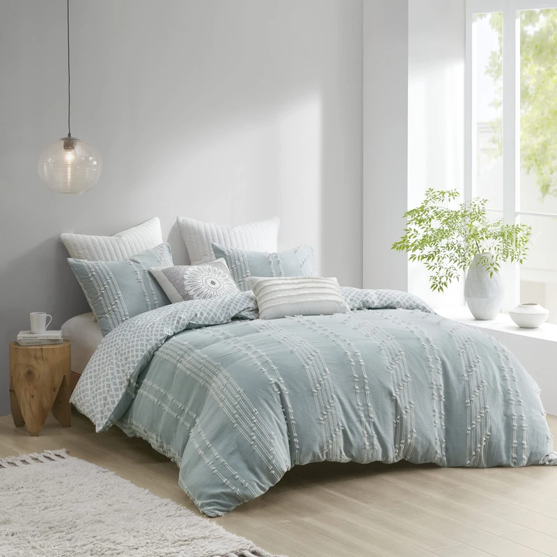 INK+IVY All Season Down Alternative Cozy Bedding with Matching Shams, Cotton, Kara, Aqua Reversable Stripes, Full/Queen(88"x92") - Image 1