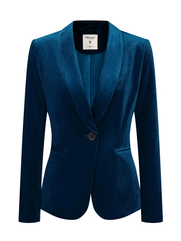 Allegra K Women's Halloween Christmas Office Coat Solid Shawl Collar 1 Button Velvet Blazer, Deep Blue, M