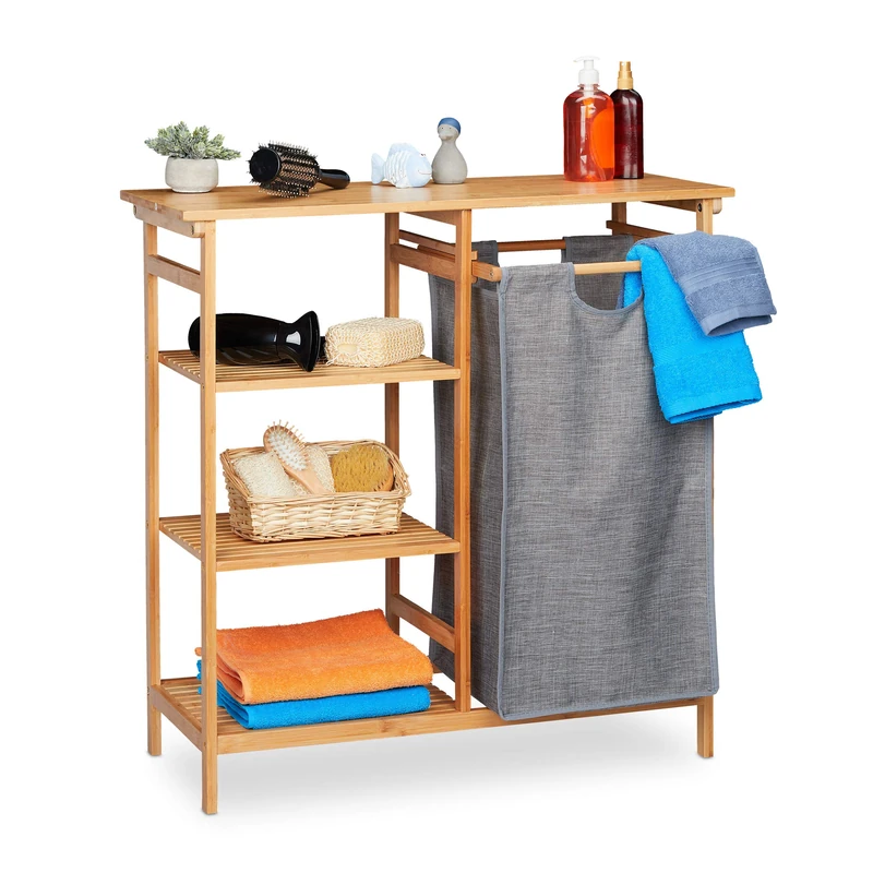 Relaxdays Bathroom Shelf with Laundry Basket, Bamboo, 4 Levels, Removable Collector, 80.5 x 80 x 33.5 cm, Natural/Grey, 1 Item