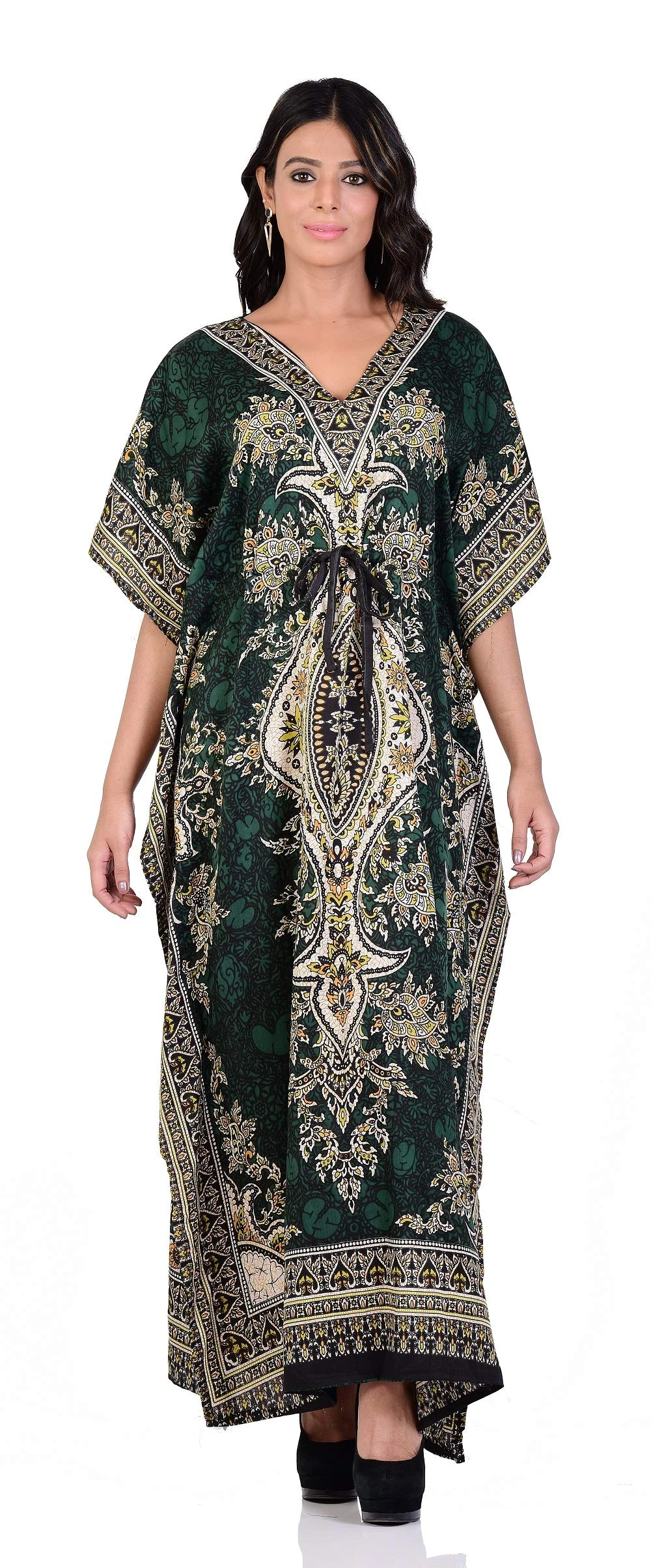 Shah Crafts. Women Kaftan Dress Tunic Kimono Long Maxi Casual Gown Nightdress Beach Cover Up Caftans Plus Size Green