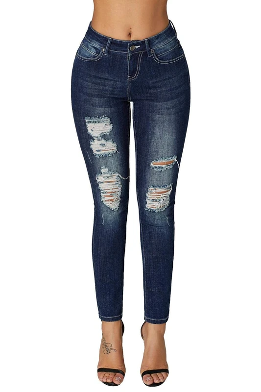 roswear Women's Essentials Ripped Mid Rise Destroyed Skinny Jeans Slate Blue XL