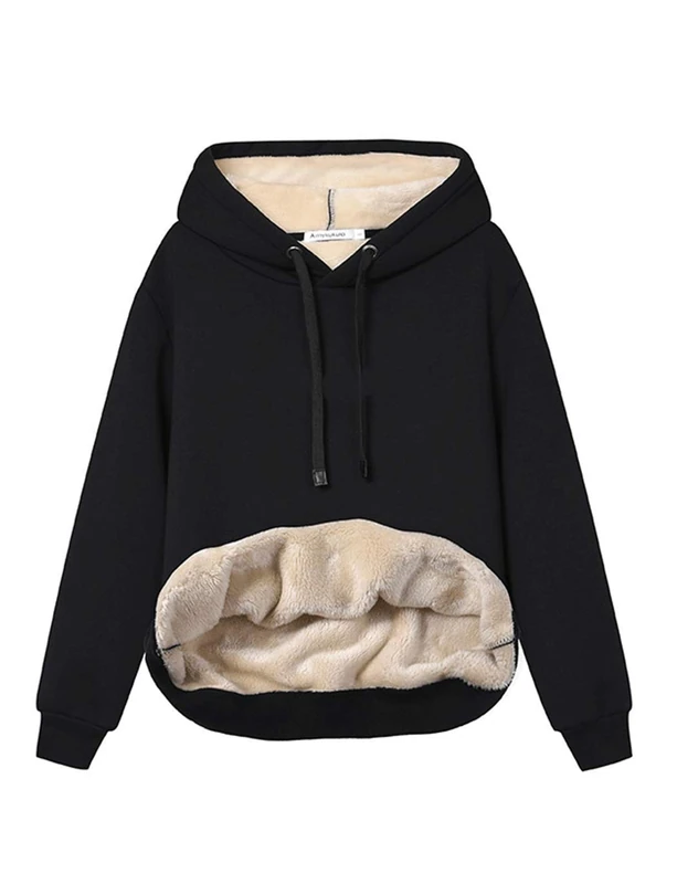 Haellun Womens Casual Winter Warm Fleece Sherpa Lined Pullover Hooded Sweatshirt - Black - Large