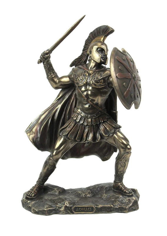 Veronese Design Achilles Trojan War Hero Holding Spear and Shield Tabletop Statue Achilleus - Image 1