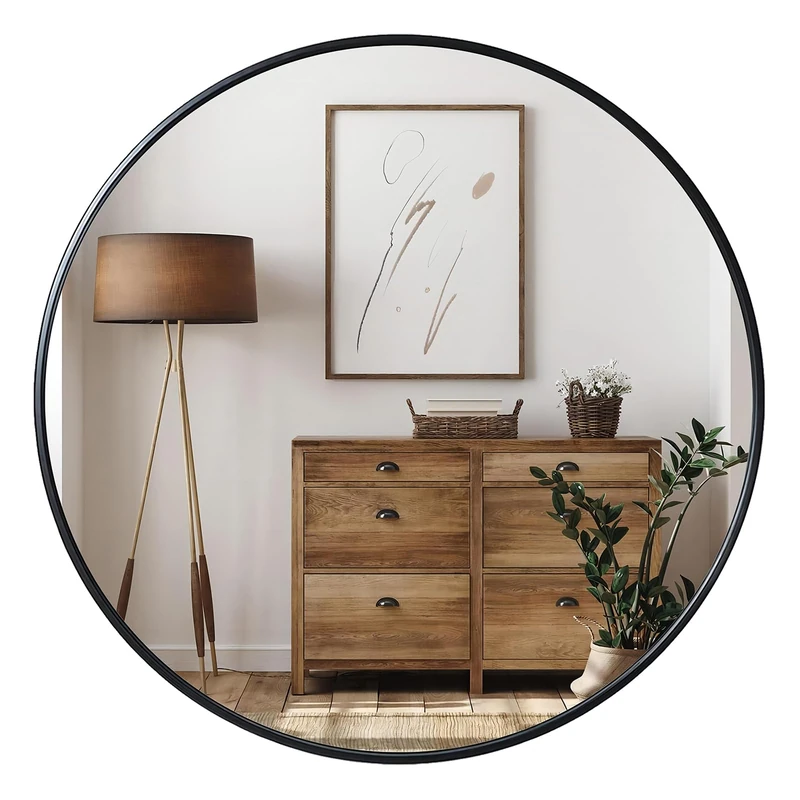 Growsun 24" Black Round Wall Mirror, Modern Metal Framed Mirror for Bathroom, Bedroom, Living Room