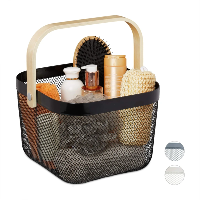 Relaxdays Storage Basket, with Handle, Clothes, Deco, Steel & Wood, Utensil Basket, HBT: 17.5 x 26 x 24.5 cm, Black
