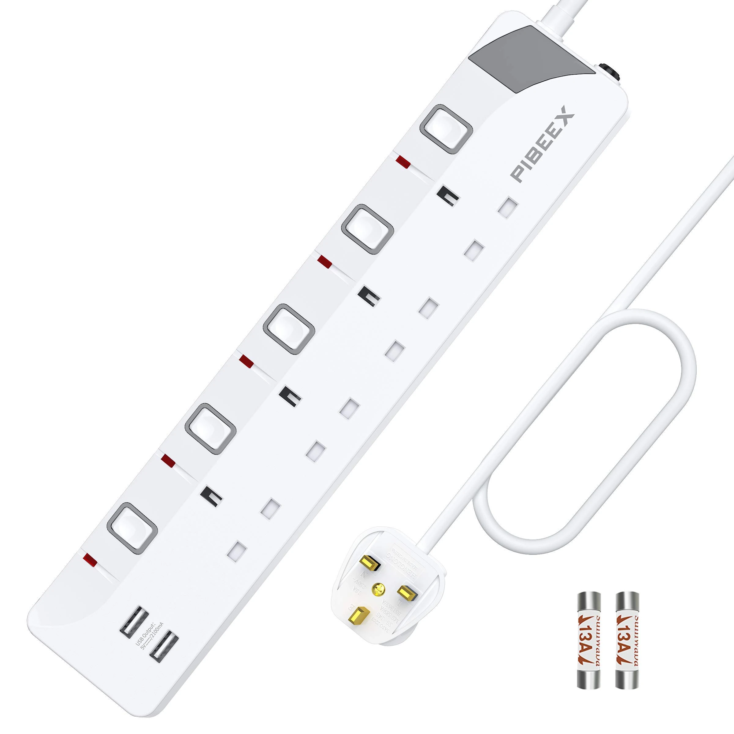 PIBEEX Extension Lead with 4 Way Plug Sockets, Wall Mountable Extension Socket with Individual Switches and 2 USB Charging Ports, 13A 3250W, 2M Extension Cord