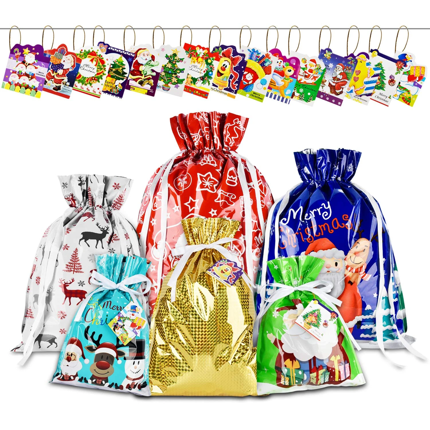 AUERVO 30pc Christmas Drawstring Gift Bags with Tags, 6 Designs, 4 Sizes - X-Large, Large, Medium, Small - Holiday Present Goody Bags for Xmas Party