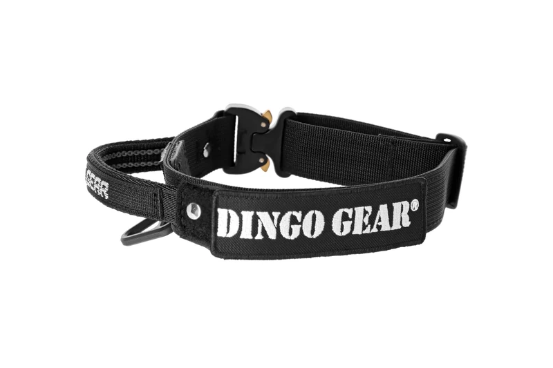 DINGO GEAR Cobra Dog Collar with Professional Safety Buckle, Strong Handle and Label Attached with Velcro-like Fastener, for Defence Training, Special Tasks, Neck Girth 49-59 cm, Black (S04027)