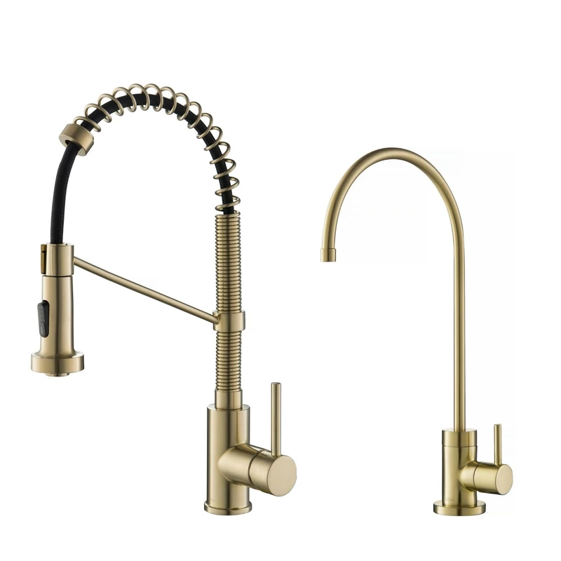 Kraus Bolden Commercial Style Pull-Down Kitchen Faucet and Purita Water Filter Faucet Combo in Spot Free Antique Champagne Bronze, KPF-1610-FF-100SFACB
