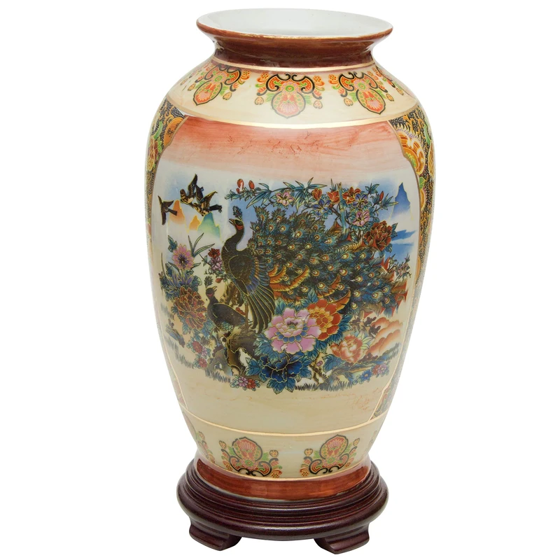 Oriental Furniture 14" Satsuma Peacock Porcelain Tung Chi Vase, Multicolor