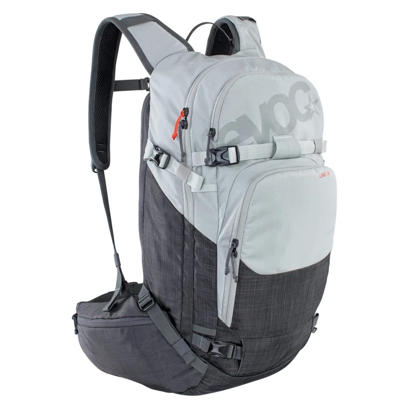 EVOC LINE 30 all-mountain backpack (NEURALITE SYSTEM, ski holder, separate avalanche compartment with emergency plan, easy-access main compartment, BODDY HUGGING), mottled silver/carbon grey