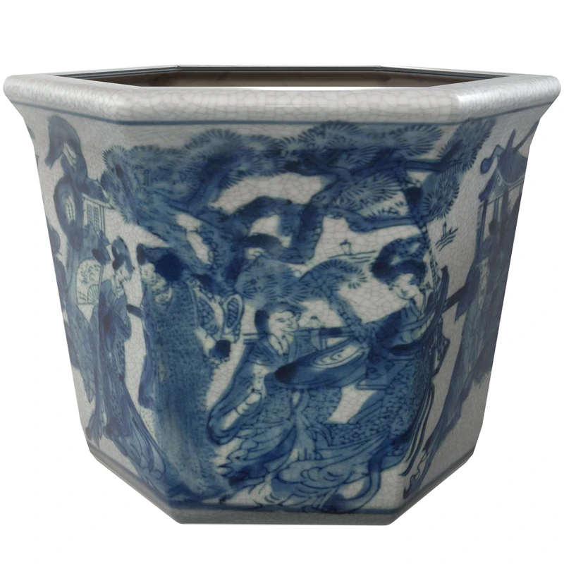 Red Lantern Oriental Furniture Flower Pot, Porcelain, Blue & White